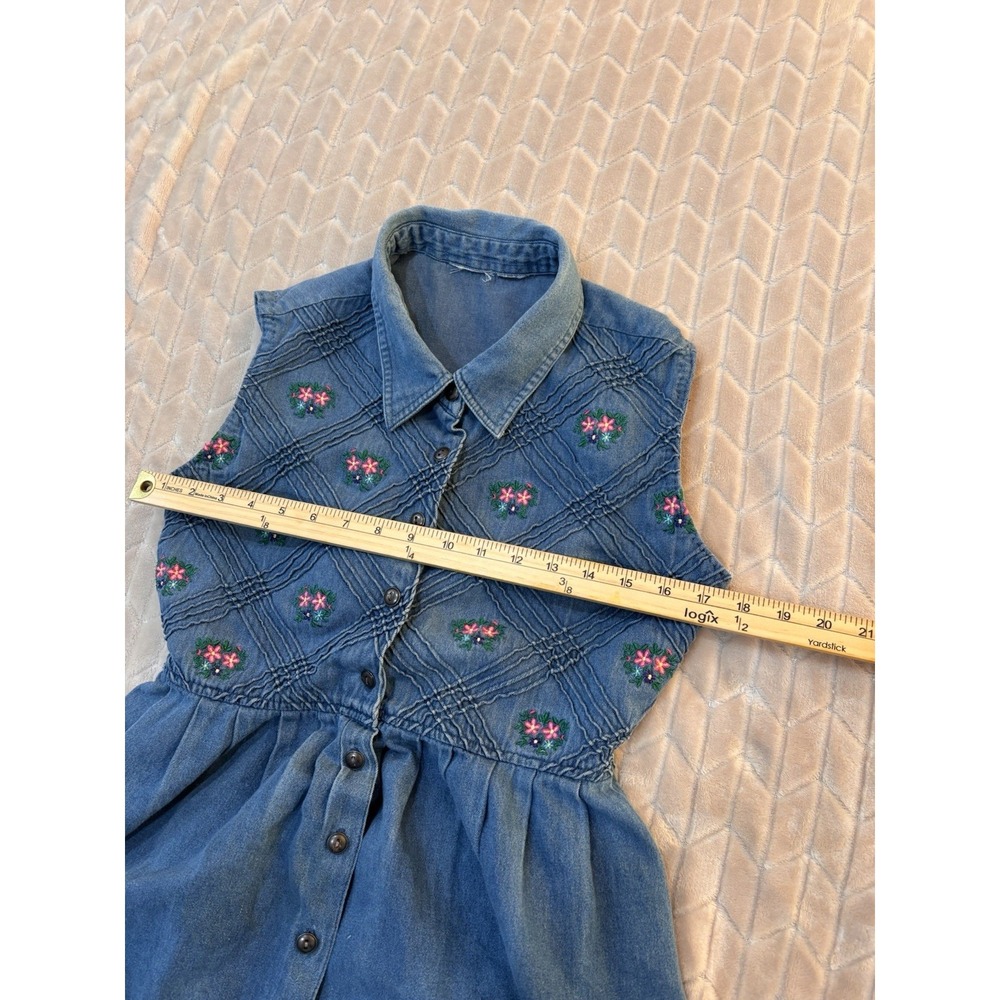 Vtg 90s Cottagecore Denim Maxi Dress Floral Embroidered Smocked Coquette L - Picture 12 of 13